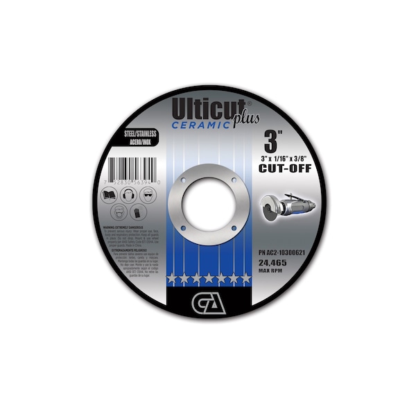 Continental Abrasives 3" x 1/16" x 3/8" Ceramic Ulticut Plus T1 Double Reinforced Cut-Off Wheel for Stainless and Steel AC2-10300621 - main